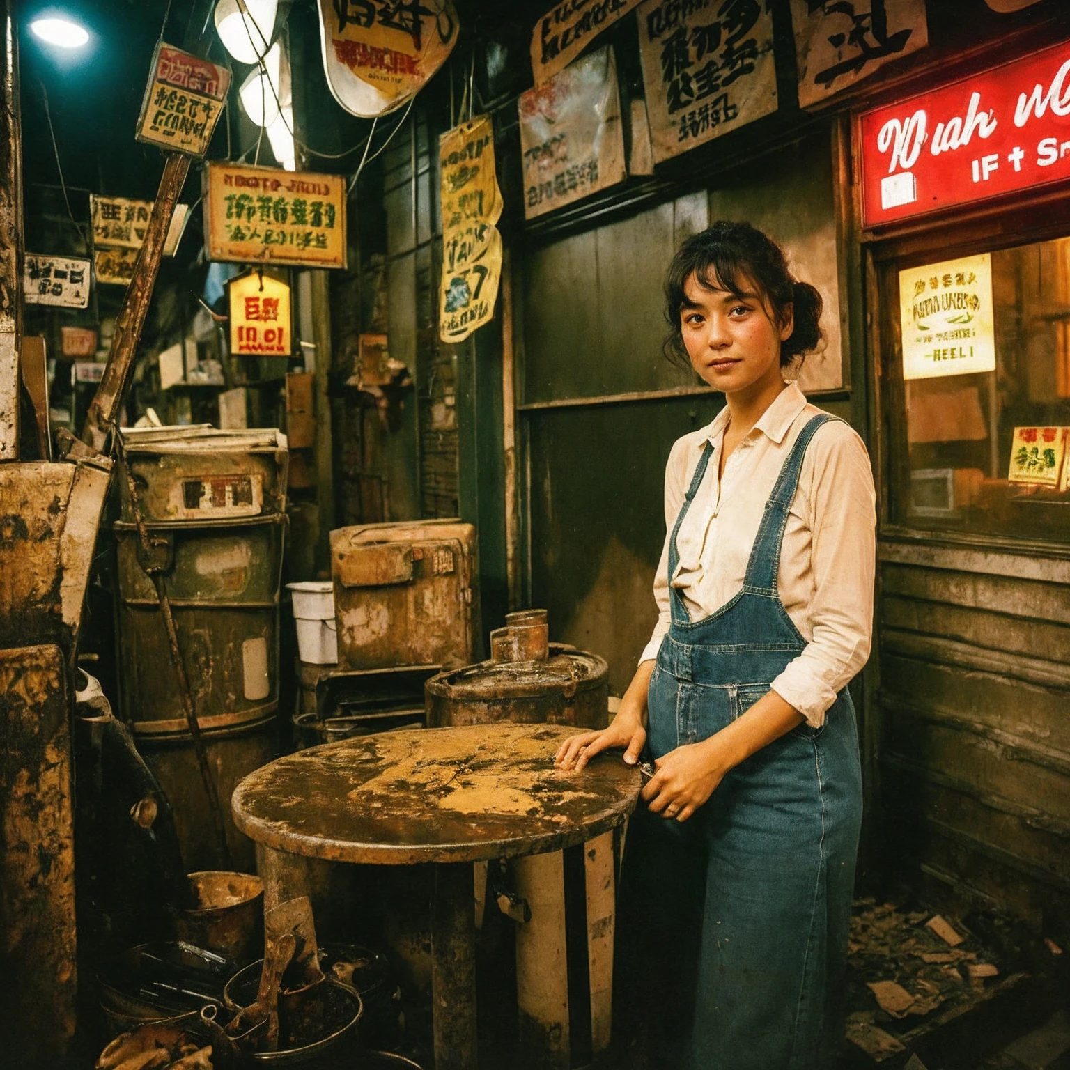 ((masterpiece、Highest quality))、Poor conditions、Japan 1980s, Dirty Standing Tavern、Old and dirty store, Unsanitary and dirty downtown Tokyo, Japan Streets, Cute girl working at the store、Unsanitary and dimly lit store、Revealing clothing、Poor workers、Rusted corrugated iron, Unhygienic restaurant, Kodachrome : : 8k yen, Vintage Photography, Printed matter from the 1970s