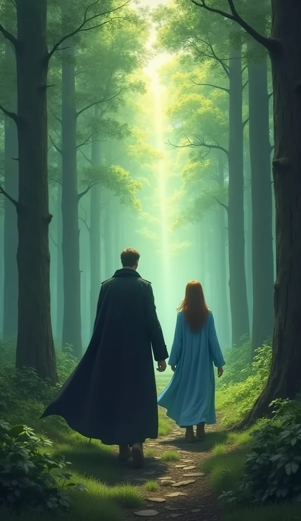 "As Vortex and Mirage depart from the mystical forest, the scene shows them walking away with determined expressions. Vortex, with his black coat flowing behind him, and Mirage, with her blue robe billowing, set out on a new adventure. The forest recedes into the distance, with rays of sunlight breaking through the trees, symbolizing the beginning of a new journey."