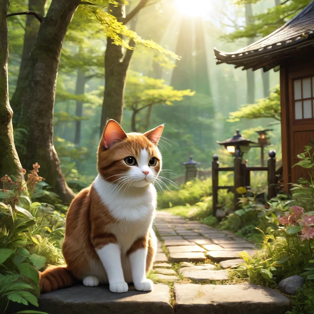 These scenes are depicted in a highly realistic style.、Make sure the cat's facial expressions and movements are exaggerated like a human's。
The main character is a brown cat with cute chubby eyes. The main character is one who never changes. Mimi, the brown cat, gazes out at the large forest that spreads out beyond the village.。Her eyes sparkle、Appearance of having a strong desire。A mysterious light shines into the entrance to the forest.、Attract Mimi's heart。
