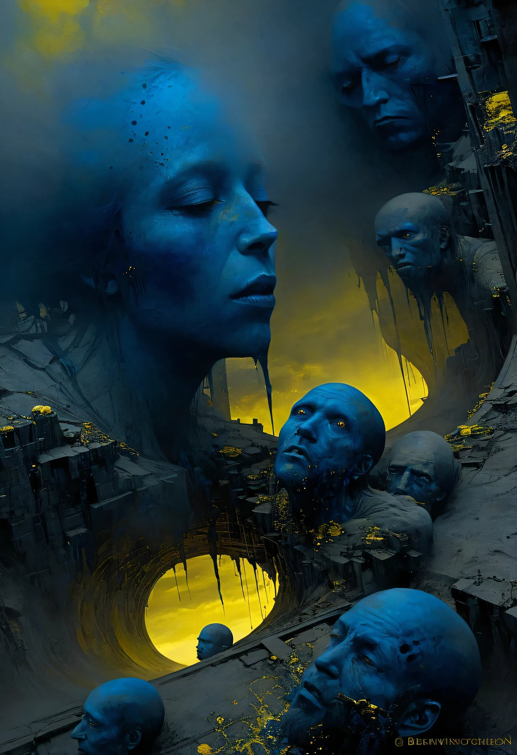 Face fitting full the canvas composed by a crazy dream on wastelands, high tech ornaments composing a city inside, dark deep grey and black blue and golden yellow, 4D, 8K, photorealistic, dreamlike, big and complex composition storytelling, masterpiece, artwork by Beksinski, artwork by Bernie Wrightson, artwork by Jeremy Mann, Surrealism, Impressionism