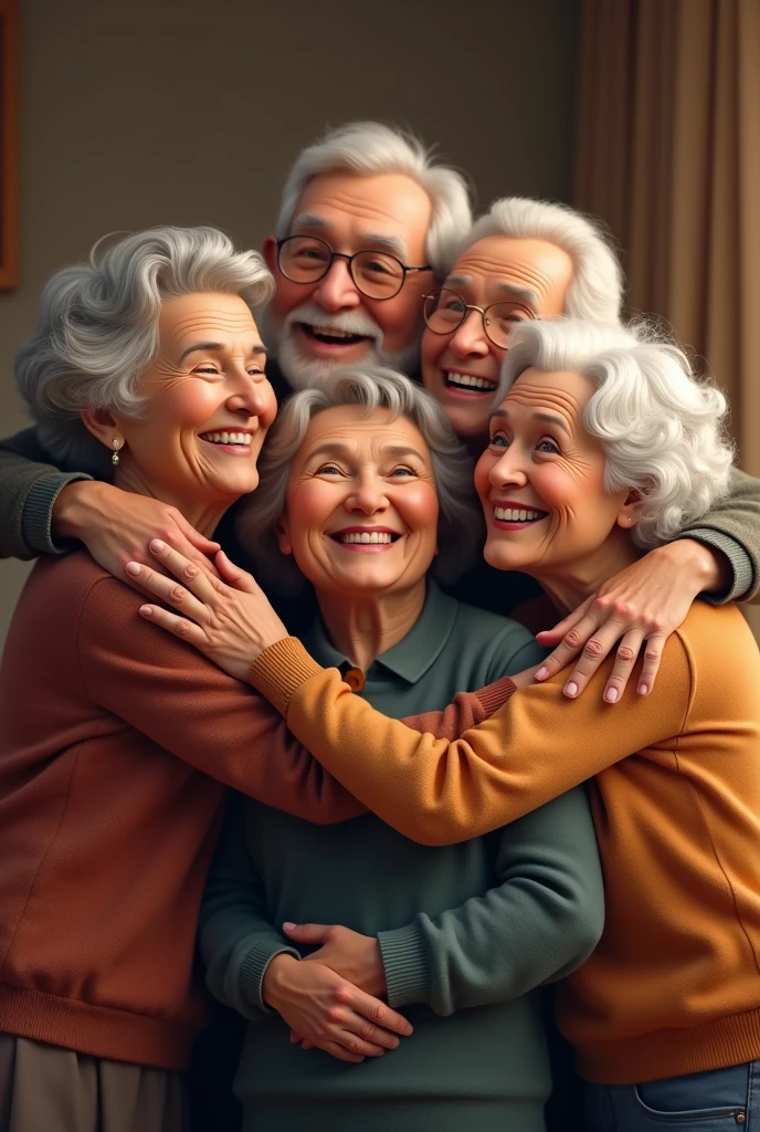 image of 6 happy elderly people hugging each other, being two women and four men, one of whom is black.