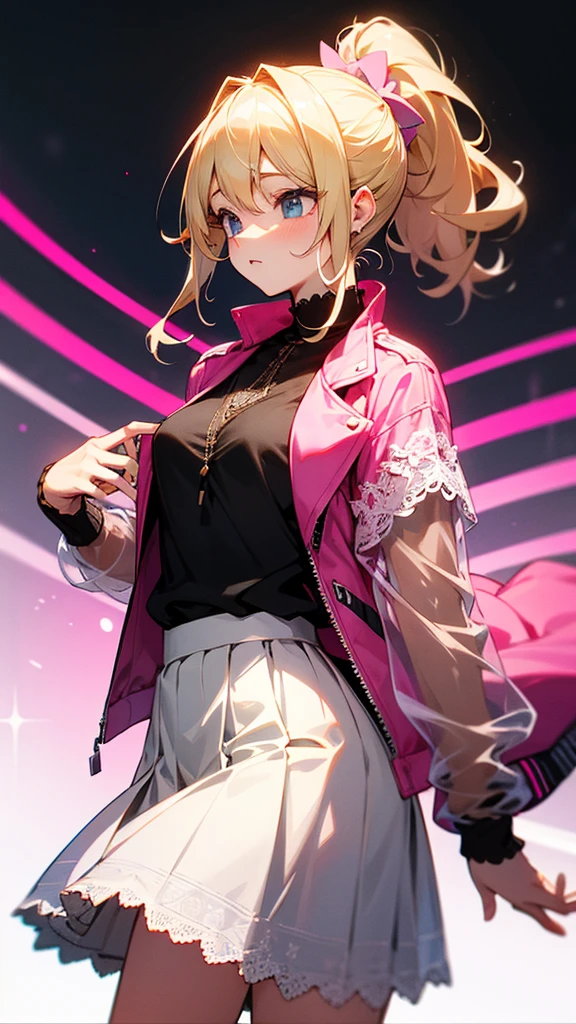 high resolution、ponytail、Perm、Blonde、
Pink see-through jacket、White lace skirt、Snazzy