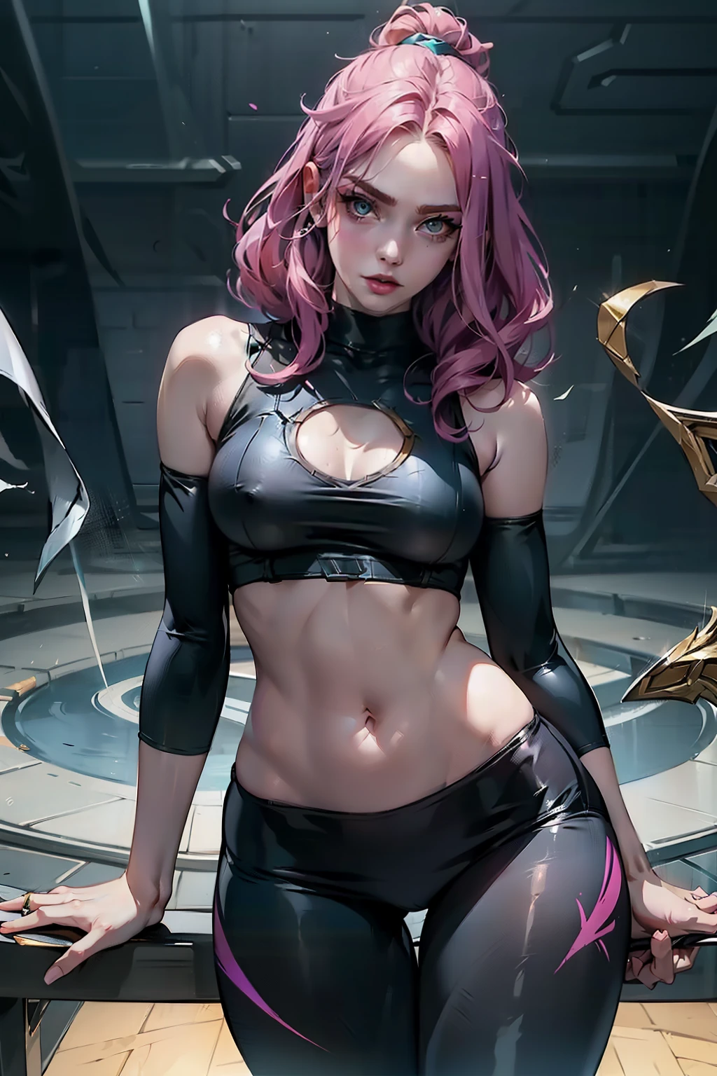 Kaisa league of legends, kaisa kda, ((leggings pants)), defined body, seducing gaze, posse sexy
