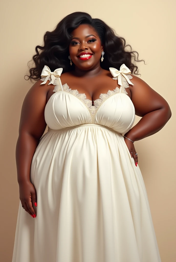 Create an overweight black woman in a puffy white short dress with bows on the shoulders