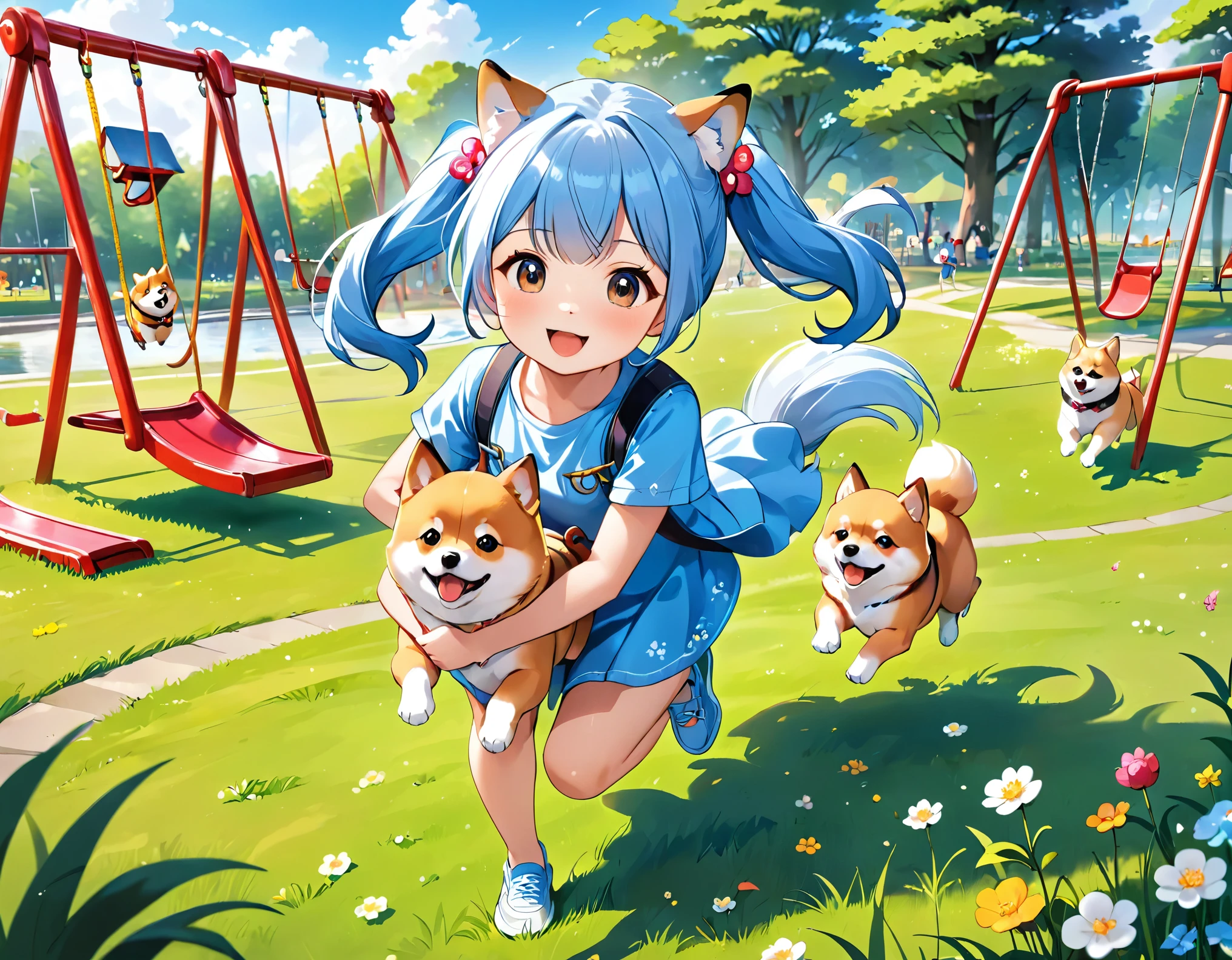 Light blue long hair、Beautiful girl with twin tails、A park full of grass and flowers、There are slides and swings、Five little characters playing、My beloved Shiba Inu dog is running around happily.、