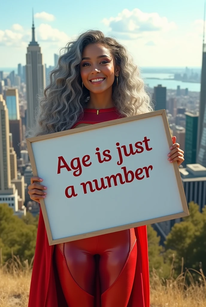 A beautiful youthful looking Hispanic version of a gray haired Ariana Grande as a 50 years old woma n with long her completely gray hair in a big curls styles as a superhero wearing a superhero costume standing on top of a hilI overlooking a big city holding a white board with text "I age is just a number" and showing it to the viewer