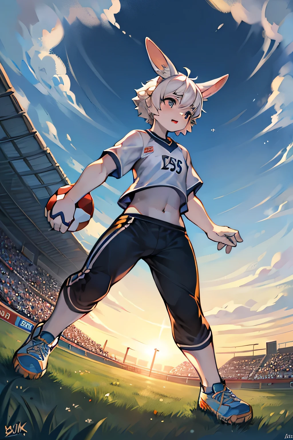 masterpiece,best quality,super detailed,super fine illustration,8k,(fullface brasched:1.3),masterpiece,best quality,dynamic angle,detailed background,BREAK perfect face,perfect legs,perfect hands,BREAK (sports uniform:1.2),(sports pants:1.2),BREAK soccer player BREAK soccer field,soccer stadium,sunset,detailed background,beautiful background,BREAK she is playing soccer.BREAK (white rabbit years:1.2),rabbit girl,short hair,girl,Small breasts,white hair,Serious expression,