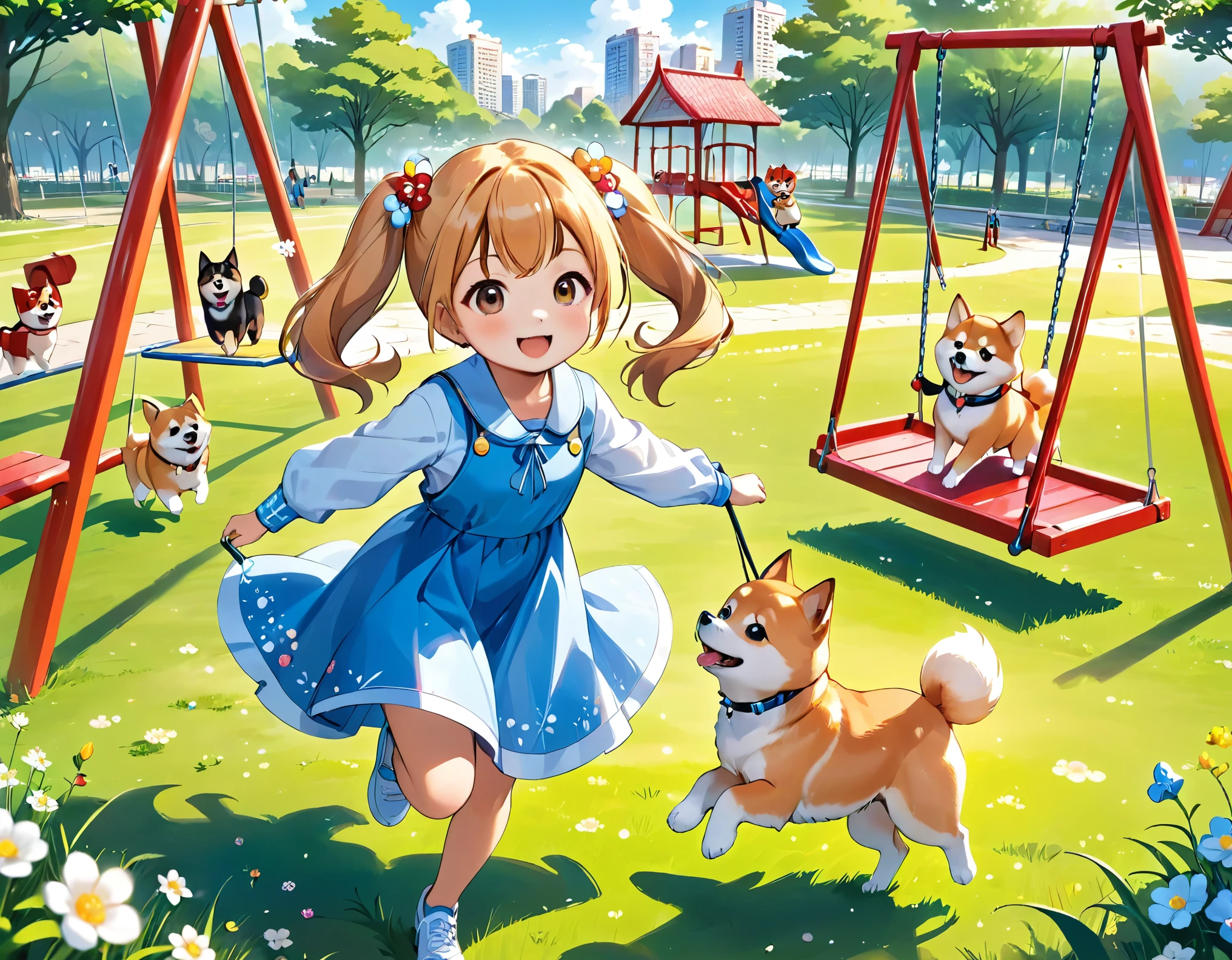 Light blue long hair、Beautiful girl with twin tails、A park full of grass and flowers、There are slides and swings、Five little characters playing、My beloved Shiba Inu dog is running around happily.、