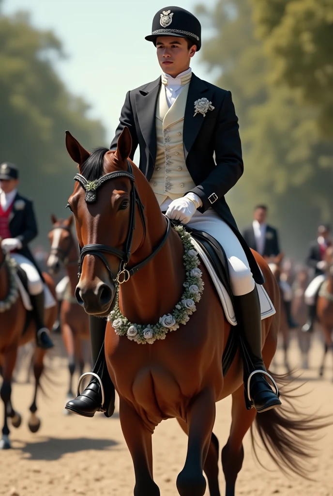 jockey, cabalgata, fine suit, with grey flowers
