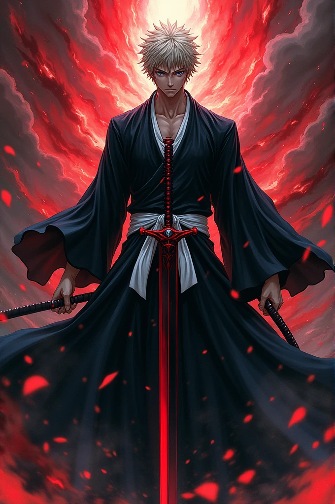 The house form Banki, Ichigo Kurosaki displays an imposing and powerful appearance. Their clothing, originally white, become predominantly black, with white and red details The Tensa Zangetsu, your Zanpakuto in Bankai state, transforms into an elongated black katana, emanating an aura of power.