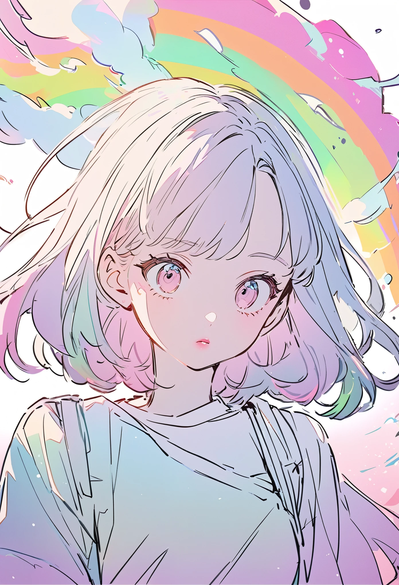 pretty girl, Pink Lips, Wearing a bright white shirt, In the style of a soft aurora punk color palette, Anime illustration of her face, Animated GIFs, Hand-drawn animation, Attractive sketch, Soft and bright, A vague romanticism, Super Plain Style, White--Air Background 1:1--Rainbow 5--Expression Style