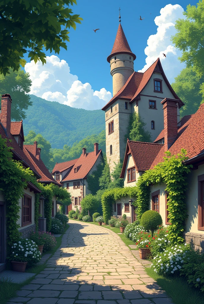 ANIME ISEAKI WORD, EUROPEAN VILLAGE, SUNLIGHT, HAPYNESS,PEOPLE,CASTLE,