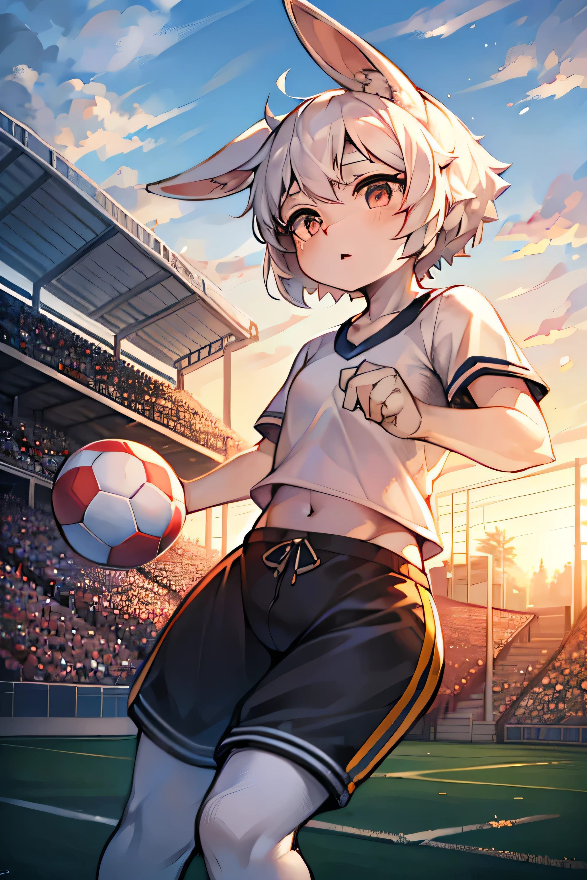 masterpiece,best quality,super detailed,super fine illustration,8k,(fullface brasched:1.3),masterpiece,best quality,dynamic angle,detailed background,BREAK perfect face,perfect legs,perfect hands,BREAK (sports uniform:1.2),(sports pants:1.2),BREAK soccer player BREAK soccer field,soccer stadium,sunset,detailed background,beautiful background,BREAK she is playing soccer.BREAK (white rabbit years:1.2),rabbit girl,short hair,girl,Small breasts,white hair,Serious expression,