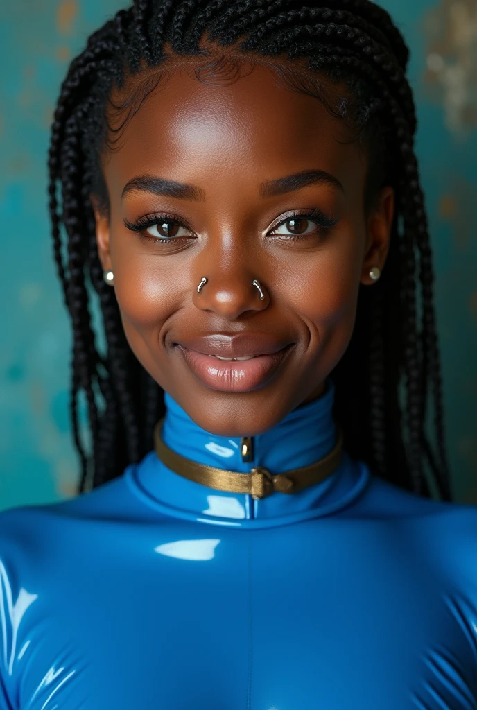 italian woman, young, naked, african braids, nosering, dimples, thick belt around neck, naughty expression, blue, shiny latex bodysuit, close-up, UHD, retina, masterpiece, accurate, anatomically correct, textured skin, super detail, high details, high quality, award winning, best quality, highres