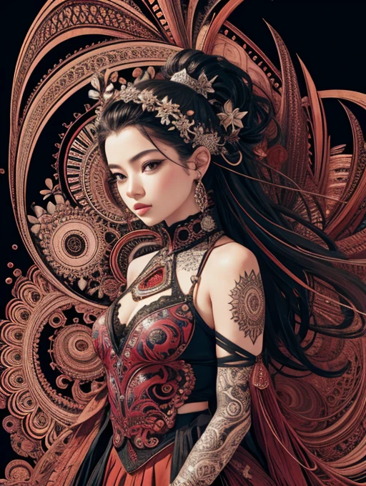 Official Art, unity 8k wallpaper, Super detailed, beautifully、aesthetic, masterpiece, Highest quality, (zenTangle, Mandala, Tangle, enTangle), (Fractal Art:1.3) , One girl, Very detailed, Dynamic Angle, Cowboy Shot, The most beautiful form of chaos, elegant, Brutalist design, Vibrant colors, Romanticism, James Jean, Robbie Dowie Anton, Ross Tran, Francis Bacon, It was freezing cold, Adrian's genius, Petra Cortright, Gerhard Richter, takato yamamoto, Ashley Wood, Atmospheric, Ecstasy of Musical Notes, I can see the flowing notes
