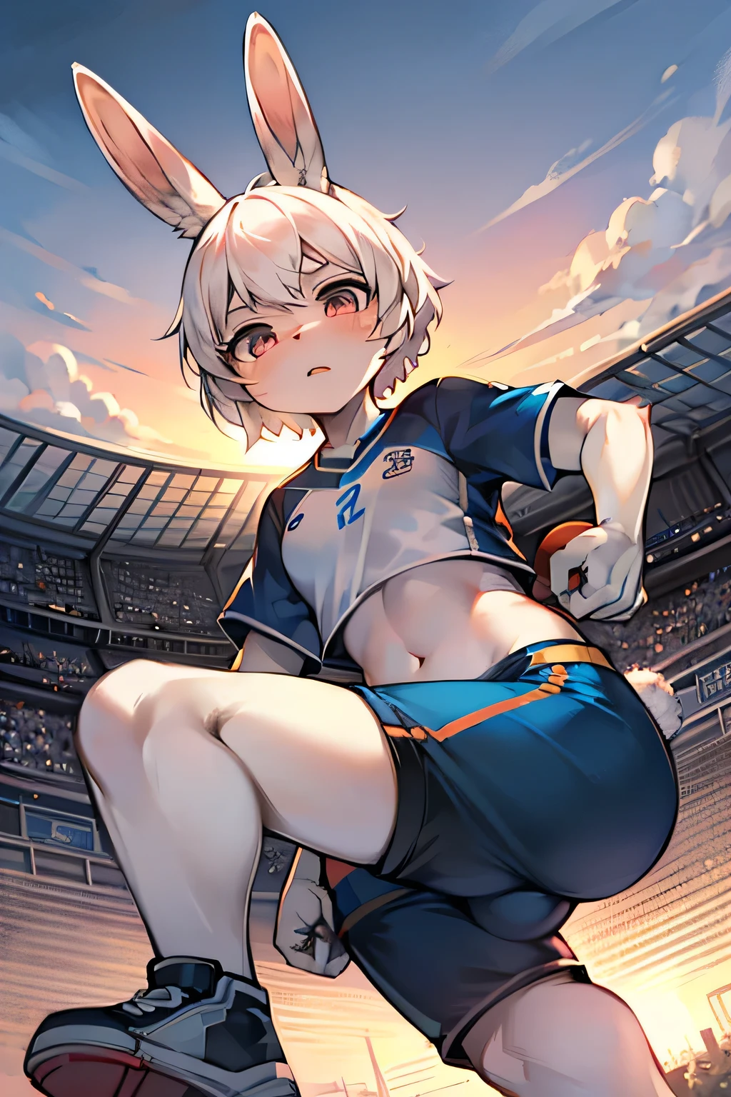 masterpiece,best quality,super detailed,super fine illustration,8k,(fullface brasched:1.3),masterpiece,best quality,dynamic angle,detailed background,BREAK perfect face,perfect legs,perfect hands,BREAK (sports uniform:1.2),(sports pants:1.2),BREAK soccer player BREAK soccer field,soccer stadium,sunset,detailed background,beautiful background,BREAK she is playing soccer.BREAK (white rabbit years:1.2),rabbit girl,short hair,girl,Small breasts,white hair,Serious expression,