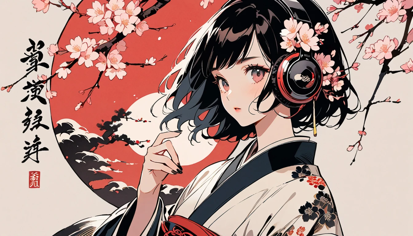 Ink Painting, (((1 girl))), Japanese style headphones, Beautiful girl, Black Hair, Delicate and precise, Modern ukiyo-e style, cherry blossoms
