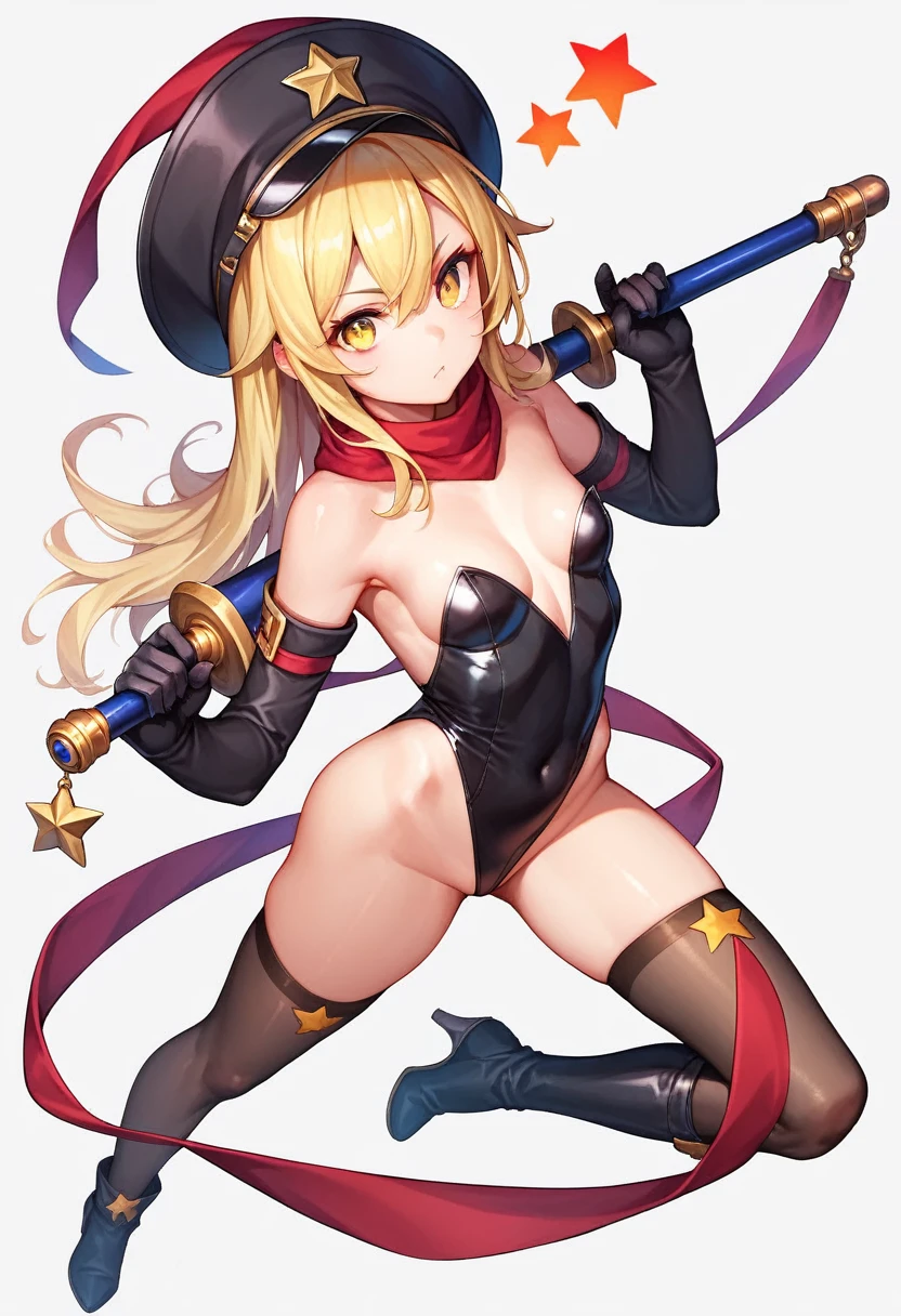 1girl, solo, long hair, breasts, looking at viewer, blonde hair, simple background, thighhighs, gloves, hat, white background, holding, full body, yellow eyes, weapon, small breasts, boots, black gloves, star (symbol), holding weapon, high heels, leotard, highleg, highleg leotard