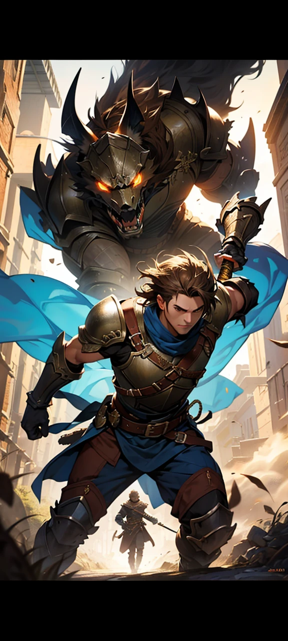 realistic, photo-realistic, highly detailed, cinematic lighting, 24 year old man, fantasy anime style, messy short brown hair, brown eyes, knight armor, swinging fantasy sword, epic action pose, dramatic shadows, glowing magical effects, vibrant colors, digital art, concept art style