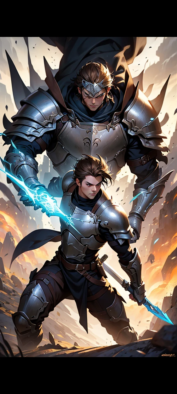 realistic, photo-realistic, highly detailed, cinematic lighting, 24 year old man, fantasy anime style, messy short brown hair, brown eyes, knight armor, swinging fantasy sword, epic action pose, dramatic shadows, glowing magical effects, vibrant colors, digital art, concept art style