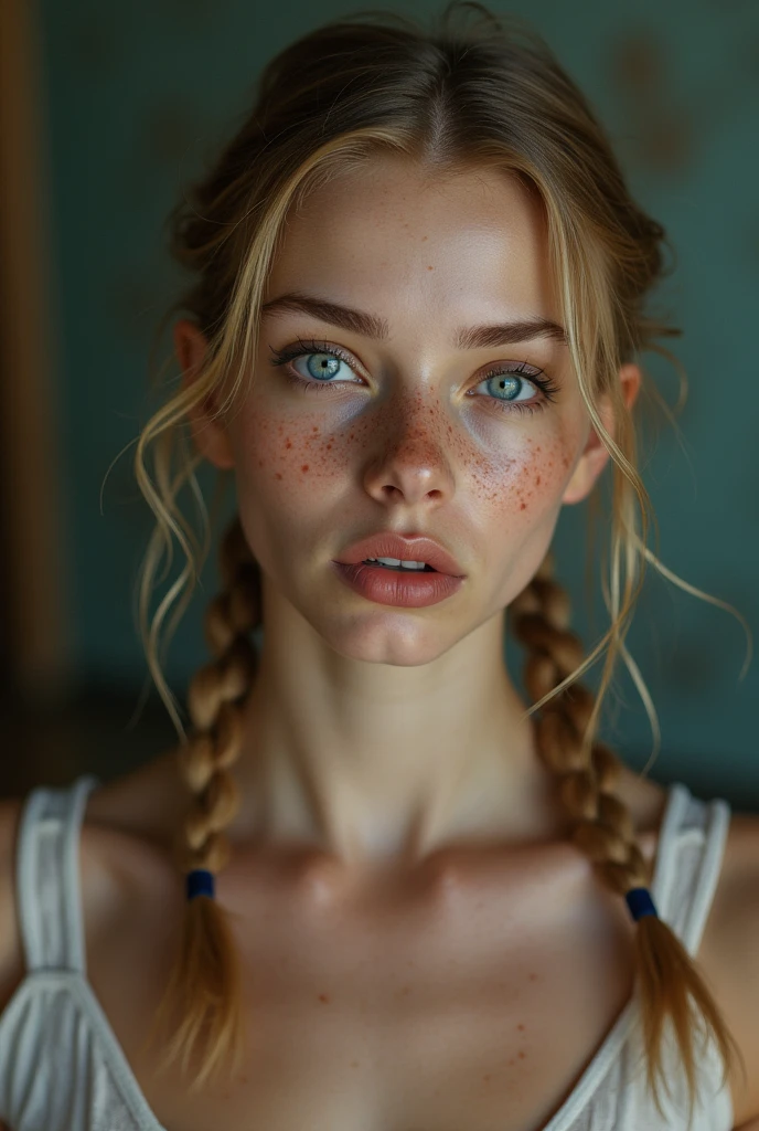 A full body picture of a ???? 18 year old girl with long blonde braided pigtails braces and freckles, muito detalhado, highly realistic, very thin,????????????, small ???????,makeup smeared, makeup run,perfect lips,black lipstick, sweaty,wet,big blue eyes, ?????,???????????????, during a ballet exercise,Background ballet studio,muito detalhadoes Gesicht, best quality, High resolution, 4K,8k,((Full body photo)), ​masterpiece 