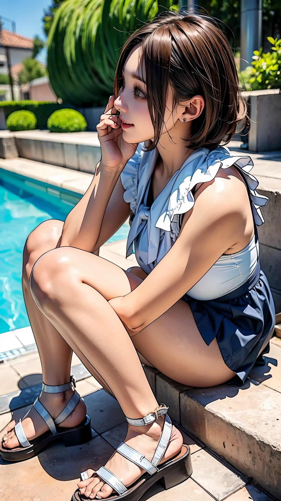 Realistic, masterpiece, Highest quality, Highest Resolution, High Detail, Soft Light, Professional Lighting, Backlight, Film Grain, The background is blurred, (Japanese high school girl, 7 heads, Height: 162cm, Small Tits, Thick thighs), (The subject was photographed from below, profile:1.3), Laughing happily, Open your mouth, Beautiful and detailed eye drawing, Droopy eyes, Dark Eyes, Thin eyebrows, Draw eyelashes carefully, Eyelash extensions, Gal Makeup, Orange Cheek,  (White brown braids,Short Hair, middle part:1.3), (Hidden eyelid wrinkles:1.3), (Cute Tiffany blue swimsuit with latex frills, Brown Sandals:1.3), (Poolside under the blazing sun:1.3)