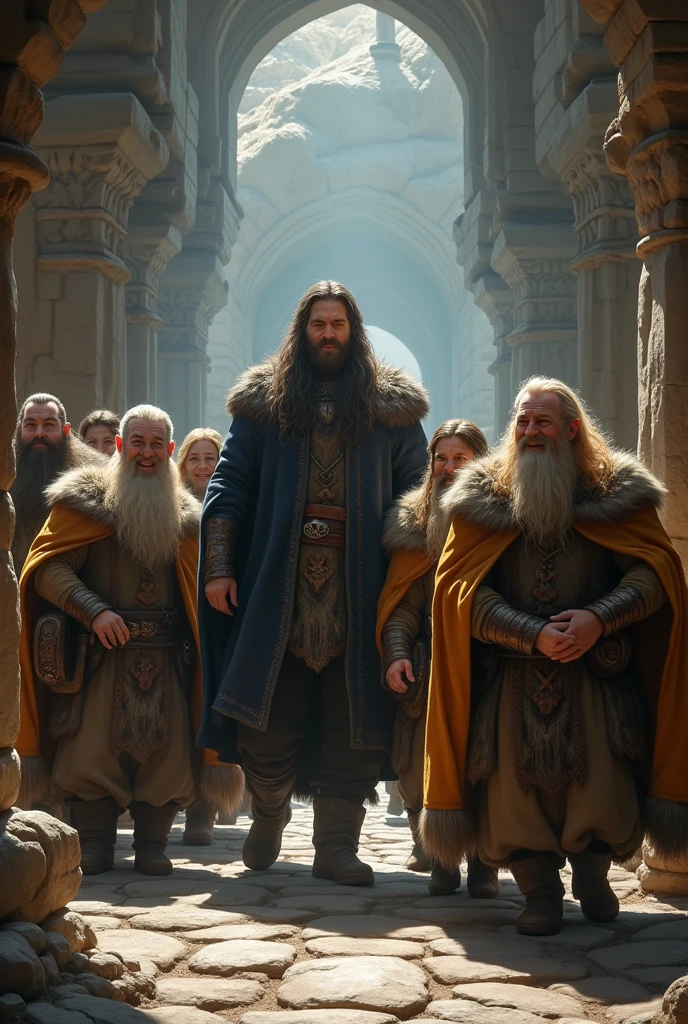 Group of happy dwarves in Viking clothes and animal skin capes walking through a corridor of an underground city chatting animatedly with a very tall Mr Darcy elf in dark clothes.