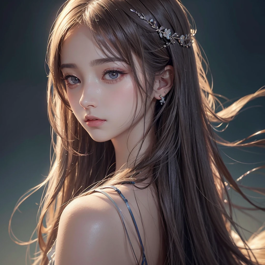 A beautiful anime girl, sad expression, detailed portrait, intricate details, delicate facial features, long eyelashes, piercing eyes, soft skin, flowing hair, elegant pose, cinematic lighting, muted color palette, dreamlike, ethereal, masterpiece
