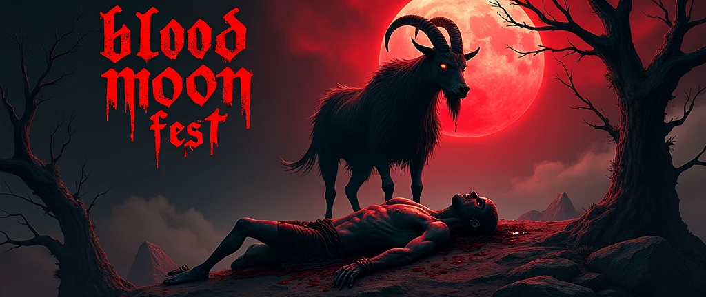 Flyer for concert Features: Satanic goat, decomposing corpse, Blood Moon Fest, darkness, terror 

Color: black and red