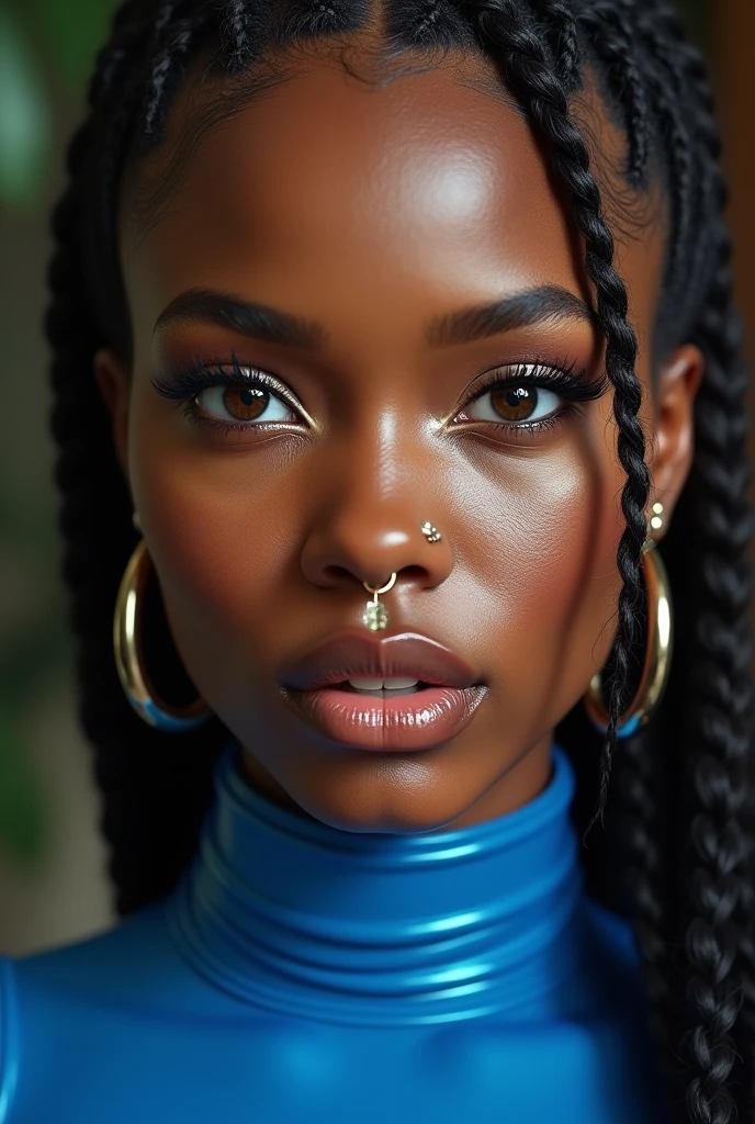 italian woman, young, naked, african braids, nosering, dimples, thick belt around neck, naughty expression, blue shiny latex bodysuit, close-up, UHD, retina, masterpiece, accurate, anatomically correct, textured skin, super detail, high details, high quality, award winning, best quality, highres
