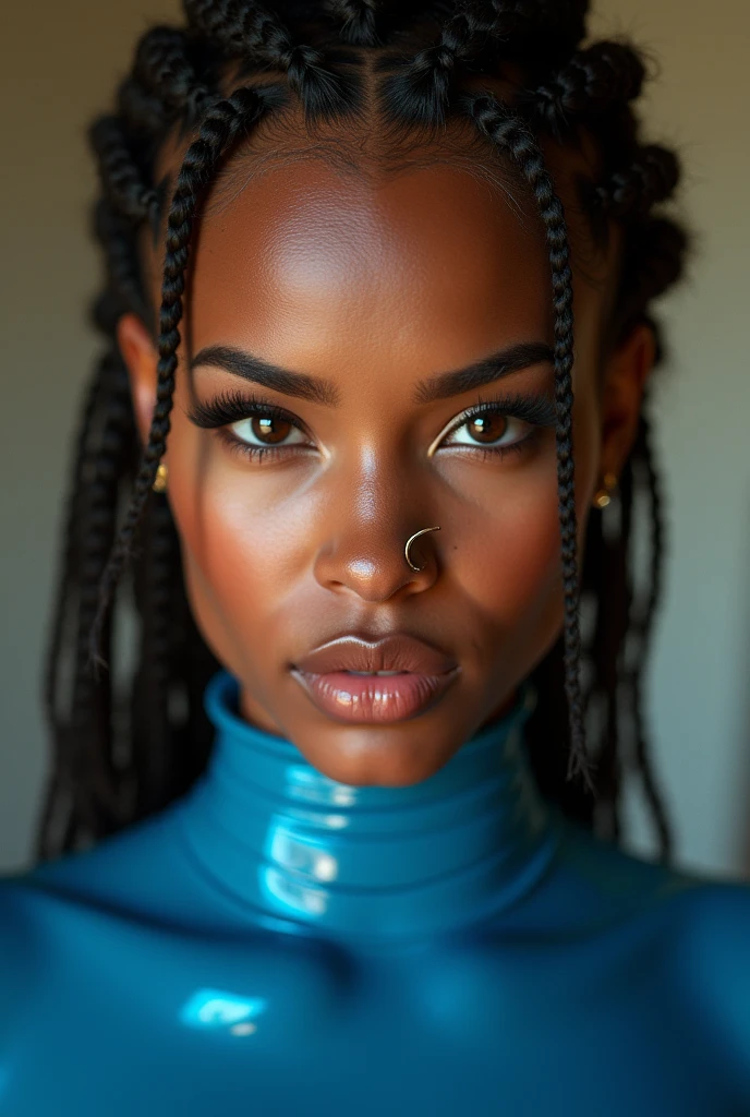 italian woman, young, naked, african braids, nosering, dimples, thick belt around neck, naughty expression, blue shiny latex bodysuit, close-up, UHD, retina, masterpiece, accurate, anatomically correct, textured skin, super detail, high details, high quality, award winning, best quality, highres