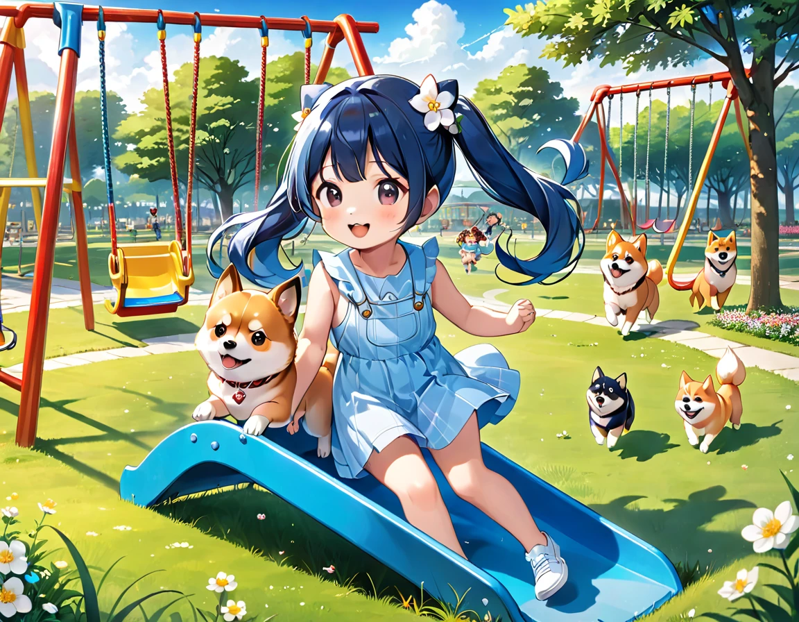 Light blue long hair、A beautiful girl with twin tails and five chibi characters、A park full of grass and flowers、There are slides and swings、My beloved Shiba Inu dog is running around happily.、