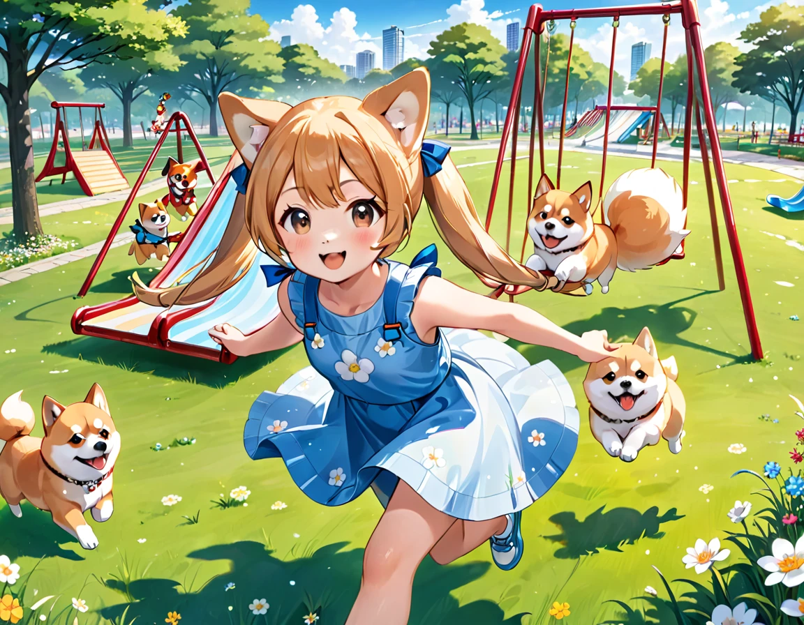 Light blue long hair、A beautiful girl with twin tails and five chibi characters、A park full of grass and flowers、There are slides and swings、My beloved Shiba Inu dog is running around happily.、