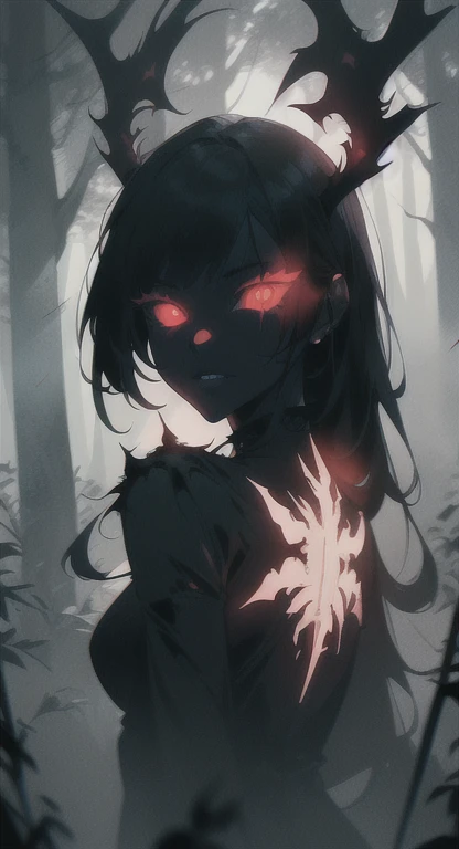 Foggy Forest, extremely horrifying, ancient female creature, demonic silhouette, Lillie shadow figure, glowing red eyes, eyes in the fog, rotting, looking dead, torn wings,