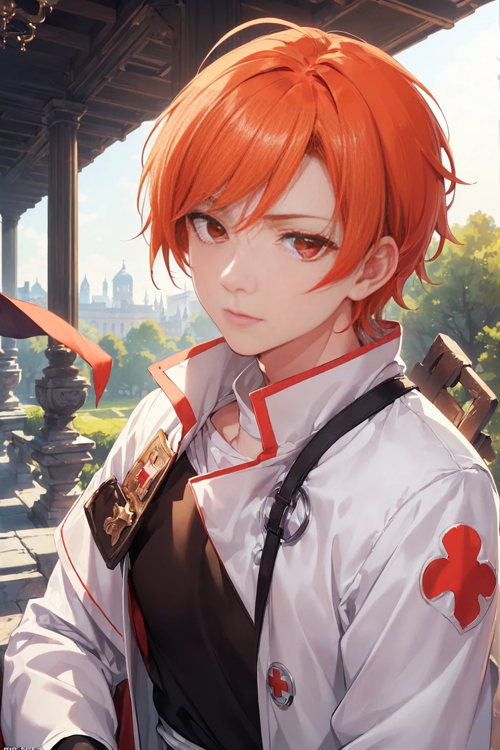 (((masterpiece; best quality: 1.2))), (finely detailed eyes: 1.3), ((ung man)), ((solo)), (red eyes: 1.4), (body shape; lean, masculine, manly: 1.3), (very short orange hair: 1.3), (beautiful and clear background: 1.2), ((depth of field)), (equipment: high-fantasy medic garb + white long-sleeve overcoat + armband with red cross + black high-neck shirt + gloves: 1.3), (anime illustration: 1.2), (background composition; palace gardens + day: 1.1), (extremely fine and handsome: 1.1), (shot composition; standing + centered on face + bust close-up: 1.5), (facial expression; calm, stoic: 1.2)