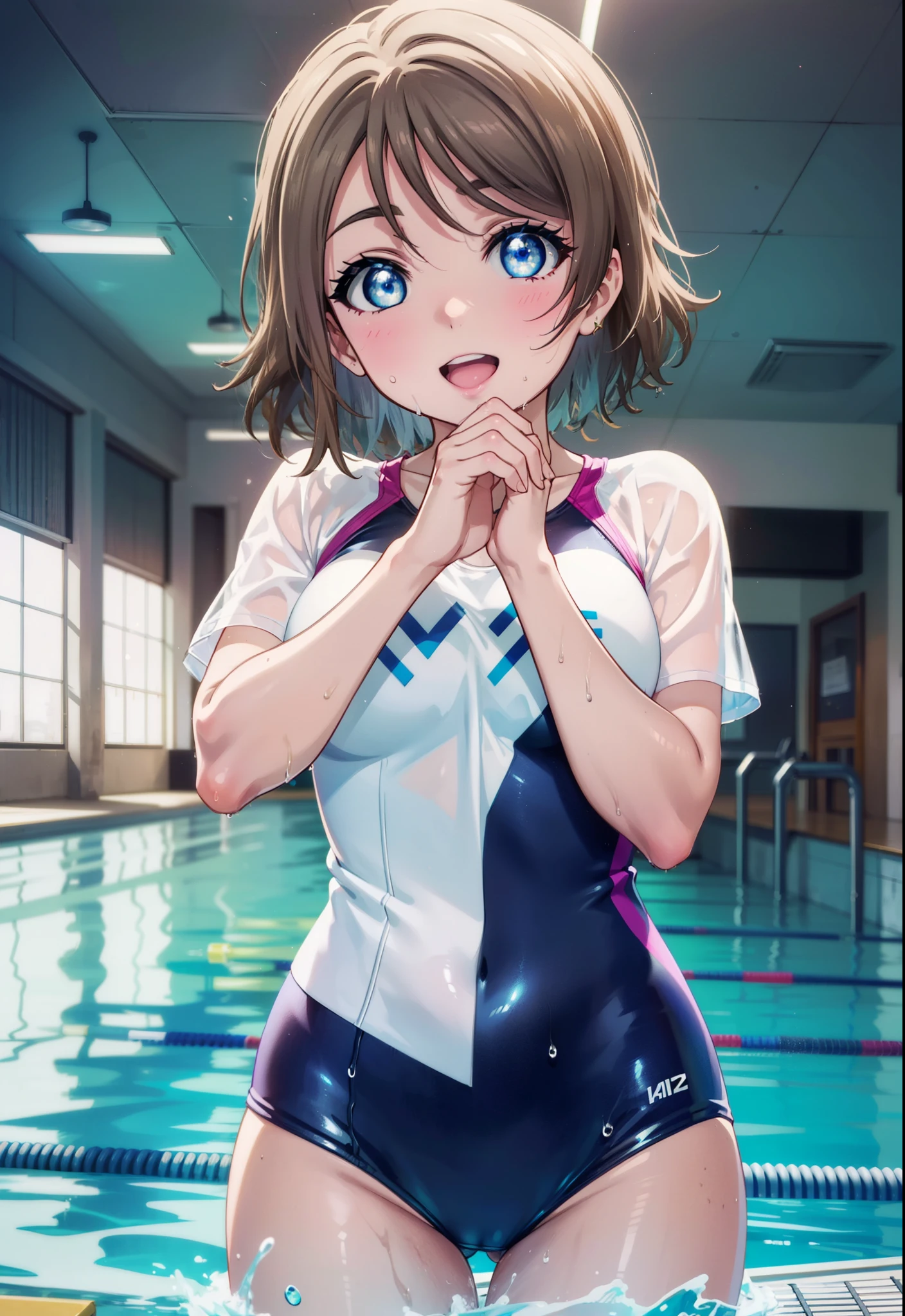 Yo Watanabe, Watanabe Yo, short hair, blue eyes, Brown Hair, smile, Open your mouth,tooth,Swimsuit,Wet swimsuit,Wet Skin,Wet Hair,Are standing,So that the whole body goes into the illustration,
break indoors, Indoor swimming pool,
break looking at viewer,Upper Body, (Cowboy Shot:1.5),
break (masterpiece:1.2), Highest quality, High resolution, unity 8k wallpaper, (figure:0.8), (Beautiful attention to detail:1.6), Highly detailed face, Perfect lighting, Highly detailed CG, (Perfect hands, Perfect Anatomy),