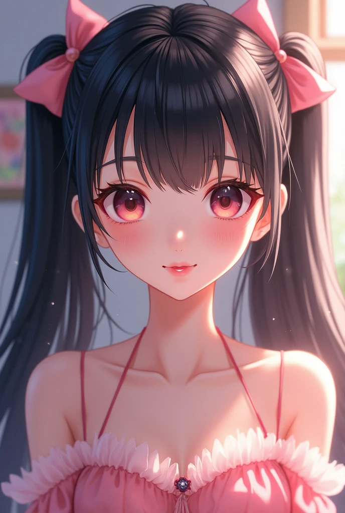 Perfect Face,beautiful girl,Idol,Idol衣装,skirt,Tutu,Long Black Hair,Big eyes,Droopy eyes,Pink Makeup,Bangs,Twin tails