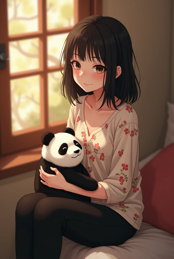 I want a girl with medium straight black hair and white skin dressed in black pants and a flowered blouse and she is sitting in a corner listening to music with her panda and the girl is happy