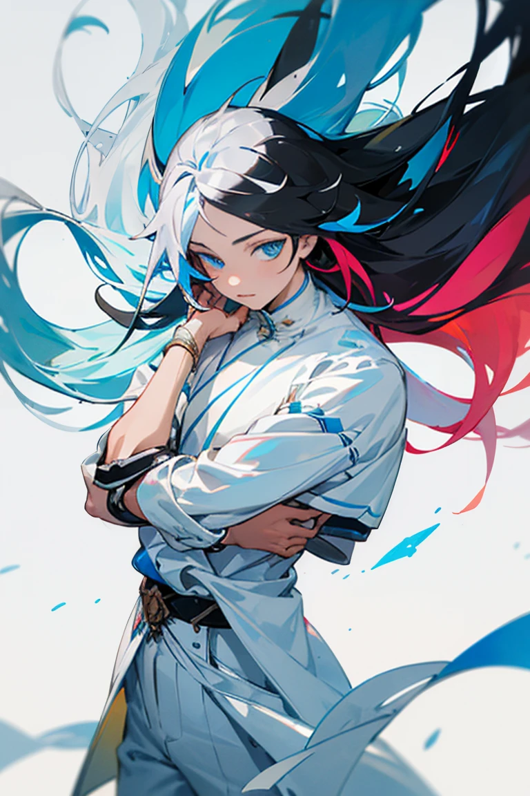 ((best qualityer)), ((work of art)), (detailded), male, long hair, multicolored hair, bright blue eyes, white clothes, light clothes, Colorful