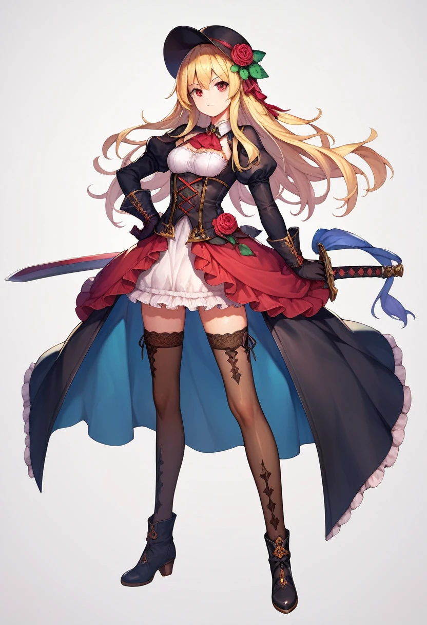 1girl, solo, long hair, looking at viewer, blonde hair, hair ornament, red eyes, thighhighs, gloves, hat, white background, holding, full body, weapon, flower, boots, frills, puffy sleeves, sword, hair flower, holding weapon, hand on hip, rose