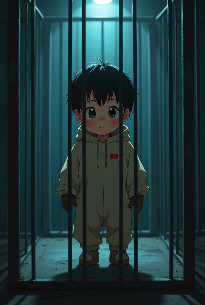 Cinematic Anime style. Manga art. TME0224 face, (((a baby boy, 4 year old))) in a funny night (((wearing a baggy onesie with hands in mittens))), (((inside a tiny closed cage behind bars))). cinematic lighting, drop shadow, masterpiece, UHD, anatomically correct, textured skin, super detail, high details, high quality, best quality, 4K, full body, standing