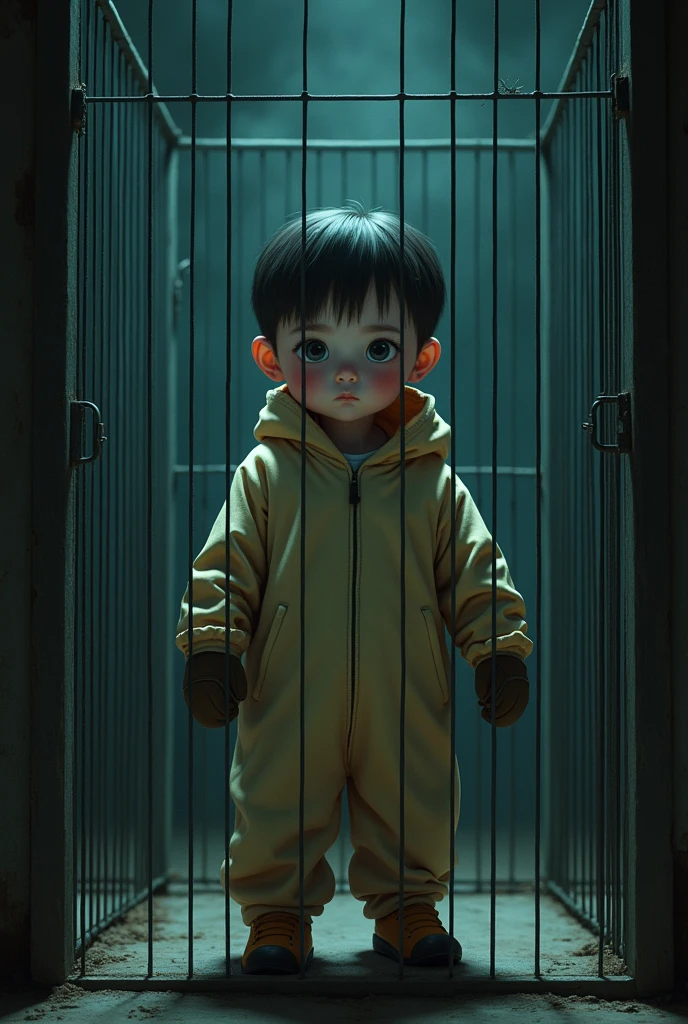 Cinematic Anime style. Manga art. TME0224 face, (((a , 4 year old funny night (((wearing a baggy onesie with hands in mittens))), (((inside a tiny closed cage behind bars))). cinematic lighting, drop shadow, masterpiece, UHD, anatomically correct, textured skin, super detail, high details, high quality, best quality, 4K, full body, standing