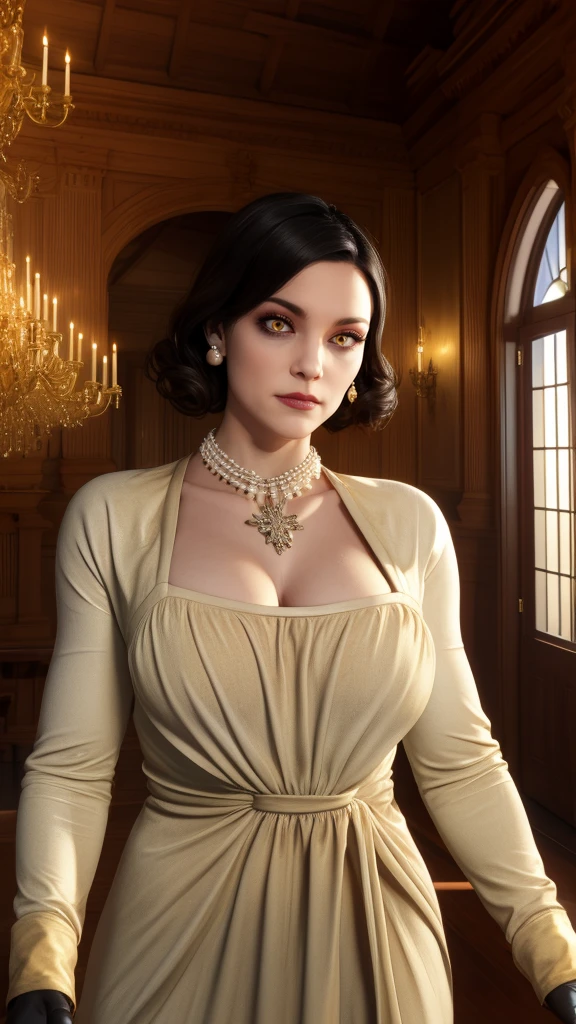 Alcina,yellow  eyes,Bblack hair,shorth hair,
white dress with flower,ha,single earring,neckleace,necklase,black gloves,
trunk,brooch,
gazing at viewer,ssmile,
castle,Inside the house,natta,
(incredibily detailed, beautifull detailed face, beautiful detailed eyes, work of art, best qualityer),standing alone,