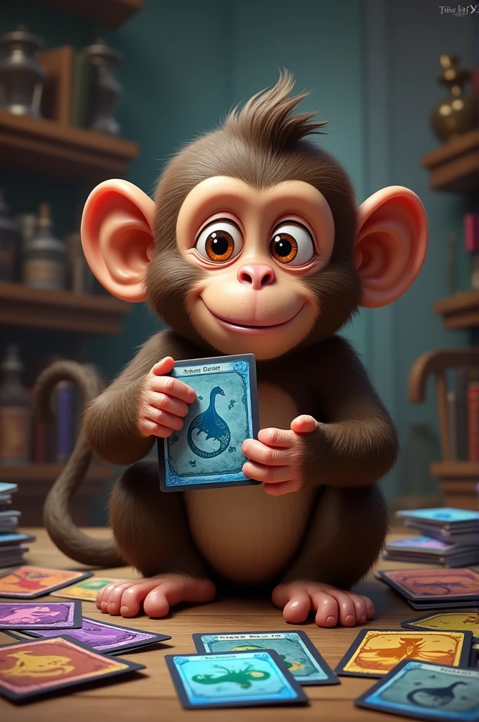 A monkey playing with Magic the Gathering cards