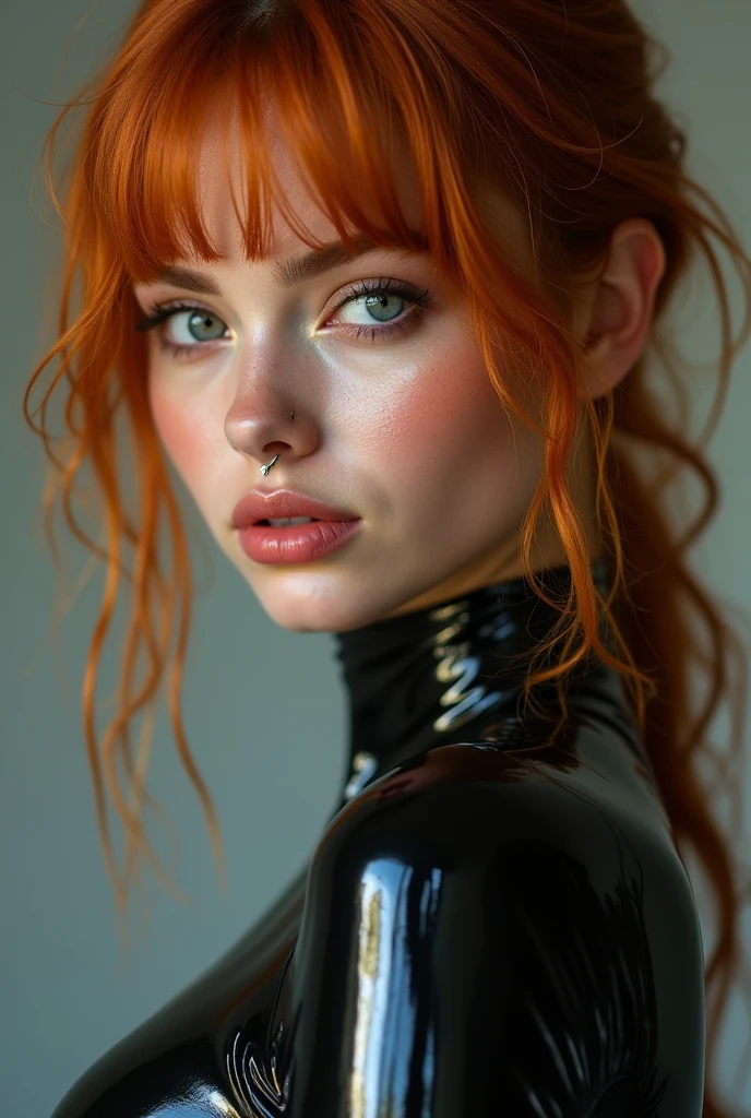 arab woman, young, ?????, ginger bangs, nosering, dimples, thick belt around neck, naughty expression, black shiny latex ????????, close-up, UHD, retina, masterpiece, accurate, anatomically correct, textured skin, super detail, high details, high quality, award winning, best quality, highres
