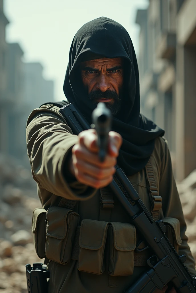 Photo of a terrorist crying in sadness while pointing his gun at the camera in a war context