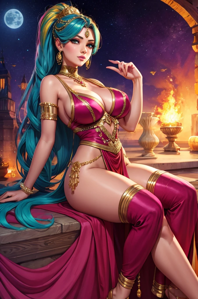 a gorgeous genie, 1 girl, long flowing hair, colorful and vibrant magical costume,