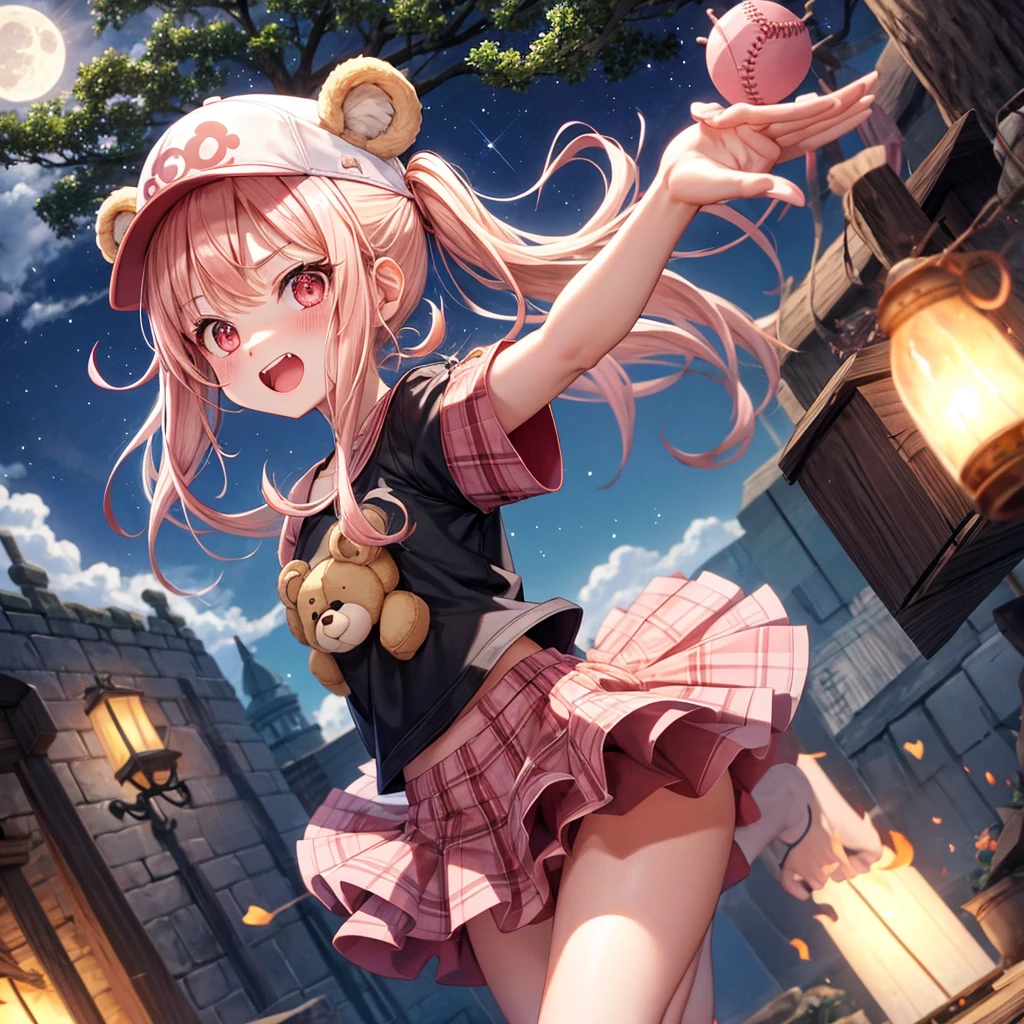 Pink Blonde、Red eyes、Hair tied up、One cute girl、solo、And soul、Checked mini skirt、black t-shirts、one piece、bear ears baseball cap、large tree、Thundercloud、Burning Full Moon、The tree is dead、Candle、Iron ore piles up、Teeth are visible、Fortress City、Tilting face、Starry Sky、A teddy bear is jumping