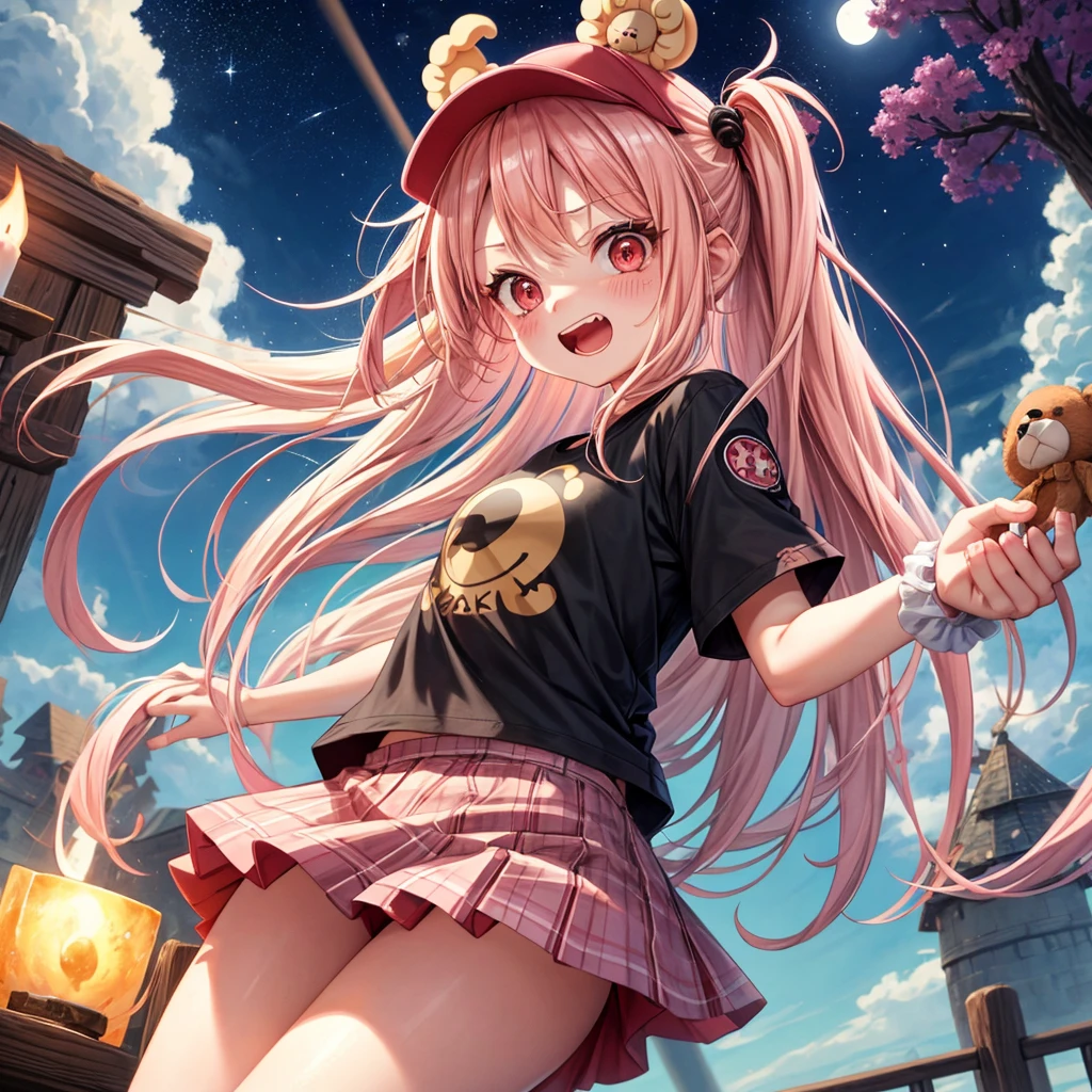 Pink Blonde、Red eyes、Hair tied up、One cute girl、solo、And soul、Checked mini skirt、black t-shirts、one piece、bear ears baseball cap、large tree、Thundercloud、Burning Full Moon、The tree is dead、Candle、Iron ore piles up、Teeth are visible、Fortress City、Tilting face、Starry Sky、A teddy bear is jumping