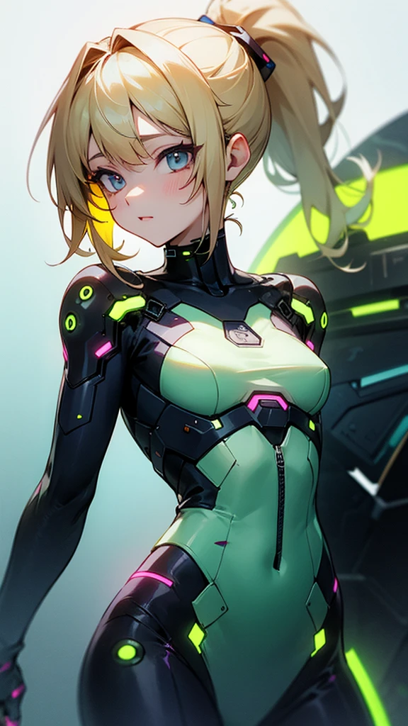high resolution、ponytail、Perm、Blonde、No sleeve、cyber punk、Neon colored clothes、y